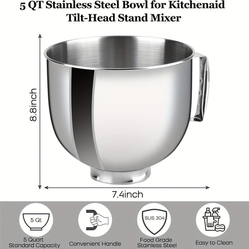 5Qt Stainless Steel Mixer Bowl – KitchenAid Artisan & Classic 4.5-5QT Compatible, Oven-Safe 304 Steel with Ergonomic Handle & Spill-Resistant Lid