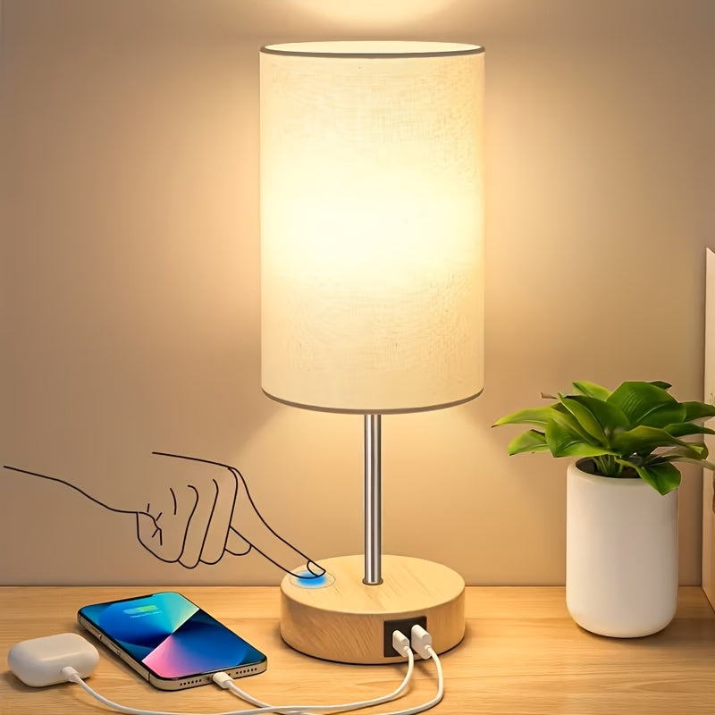 Dimmable Touch Bedside Table Lamp with Wood Base & USB-C Port – 3-Way Touch Control, Round Burlap Shade, A19 LED Bulb Included, 1/2 Pack