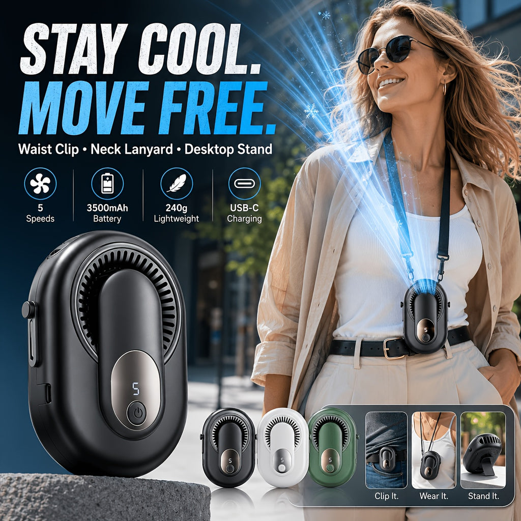 3-in-1 Portable Waist Fan USB-C Rechargeable 3500mAh – Wearable Neck Fan with Lanyard, Clip & Desk Stand, 5-Speed Hands-Free Personal Cooling Fan for Travel, Outdoor, Work & Gym