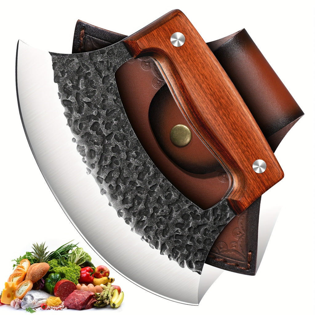 Hand-Forged Ulu Rocker Pizza Cutter & Mezzaluna Chef Knife – High Carbon Steel or Stainless Steel with Rosewood Handle, Leather Sheath & Gift Box – Kitchen, Camping & BBQ – Birthday Gift for Men