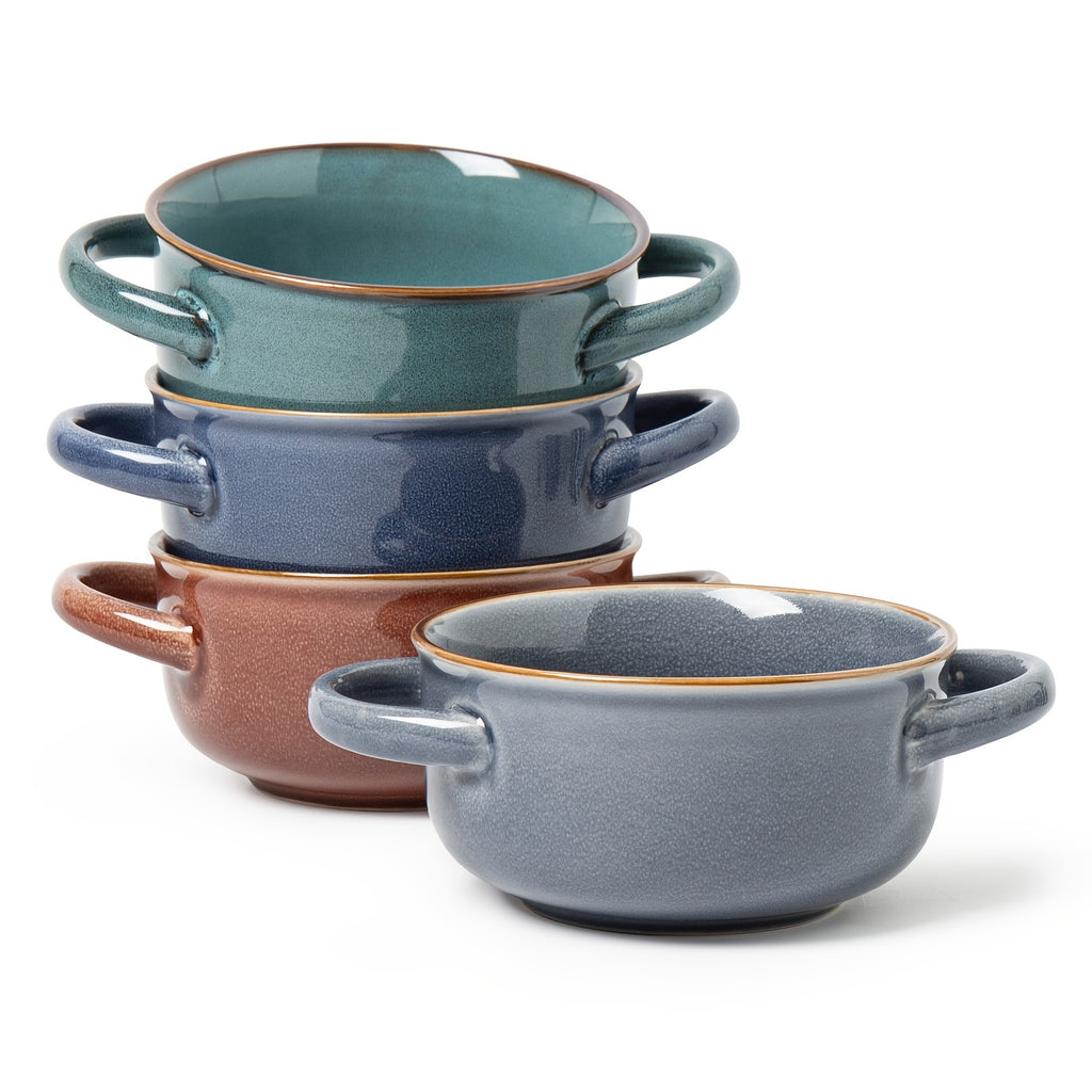 Colorful Ceramic Double-Handled Bowl Set Dopamine Style 28oz Extra-Large – Microwave & Dishwasher Safe for Soup, Salad, Pasta & Ramen – 2 or 4 Piece, Assorted Colors
