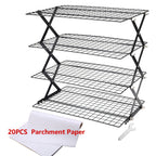 Foldable Cooling Rack 4-Tier Baking Wire Rack with 20pcs Parchment Paper – Collapsible Roasting Grilling Rack for Oven, Camping & Picnic