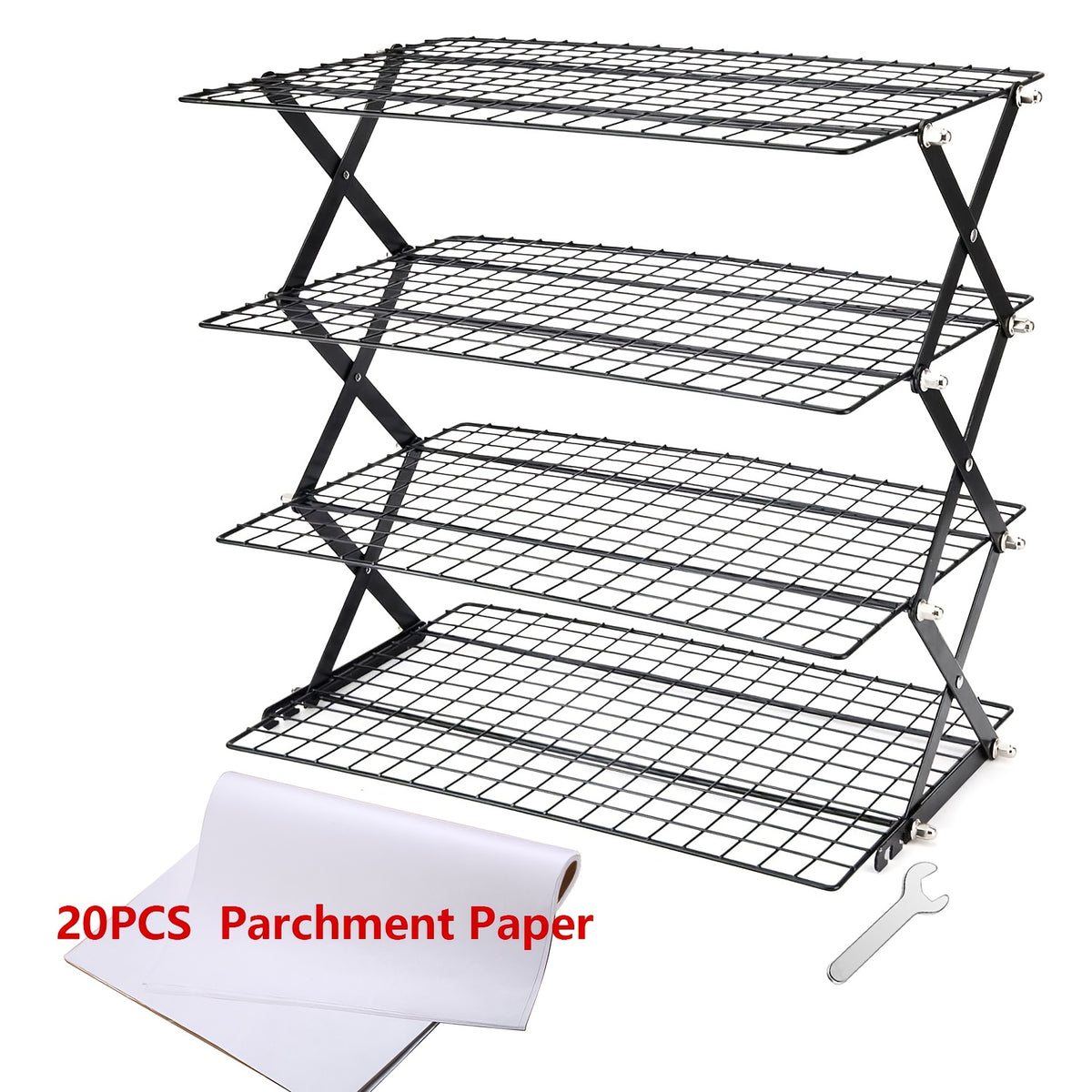 Foldable Cooling Rack 4-Tier Baking Wire Rack with 20pcs Parchment Paper – Collapsible Roasting Grilling Rack for Oven, Camping & Picnic