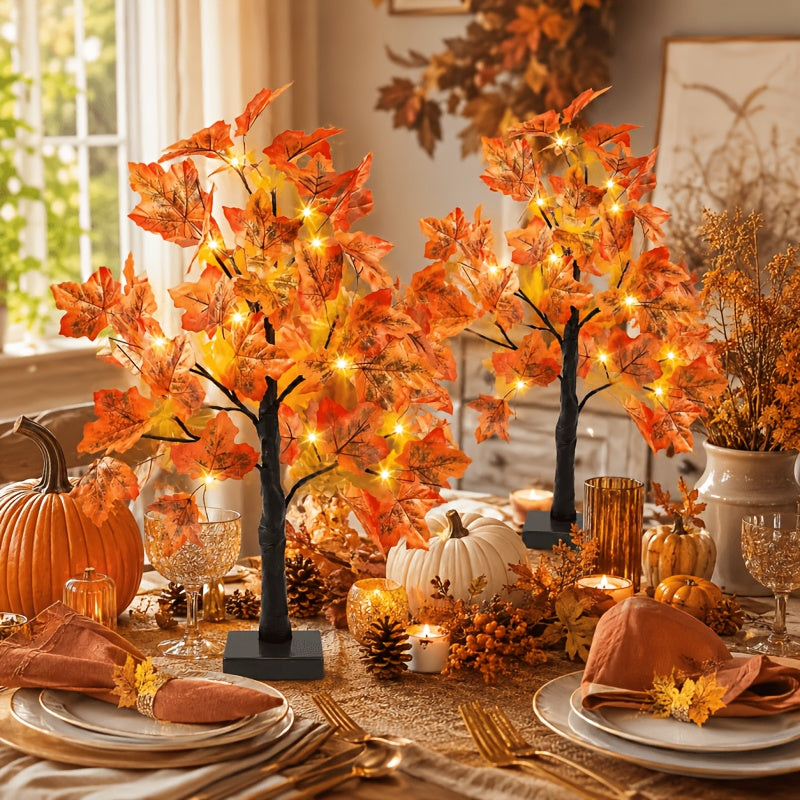 Fall Maple Leaf Tree Table Lamps 2-Pack 21 Inch Battery Powered 24 LED Warm Light Artificial Autumn Tree Lights for Thanksgiving Halloween Indoor Home Decor