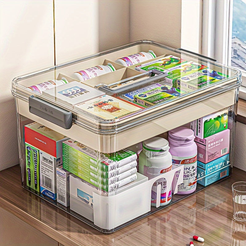 Large Capacity Pill Organizer Box with Easy-Grip Handles – Multi-Layer Plastic Medicine Storage Container for Home, Travel & Office, Secure Space-Saving Household Sundries Organizer