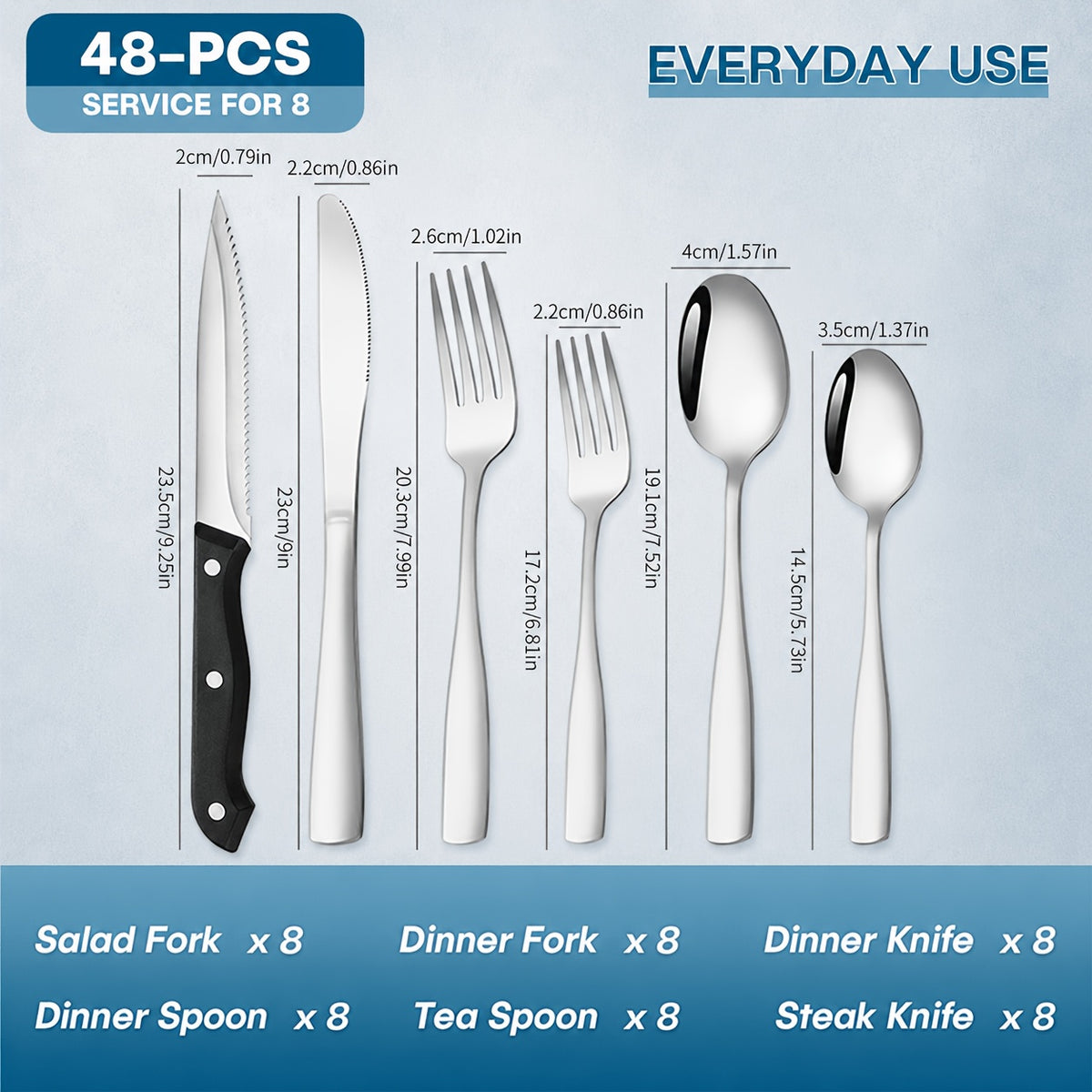 48-Piece Stainless Steel Flatware Set with Steak Knives Service for 8 Mirror Polished Silverware Dishwasher Safe