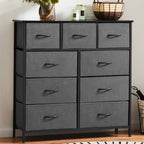 9 Drawer Fabric Dresser with Bins – Tall Chest of Drawers Organizer for Bedroom Closet Hallway Nursery, Steel Frame Wood Top Easy Pull Handles