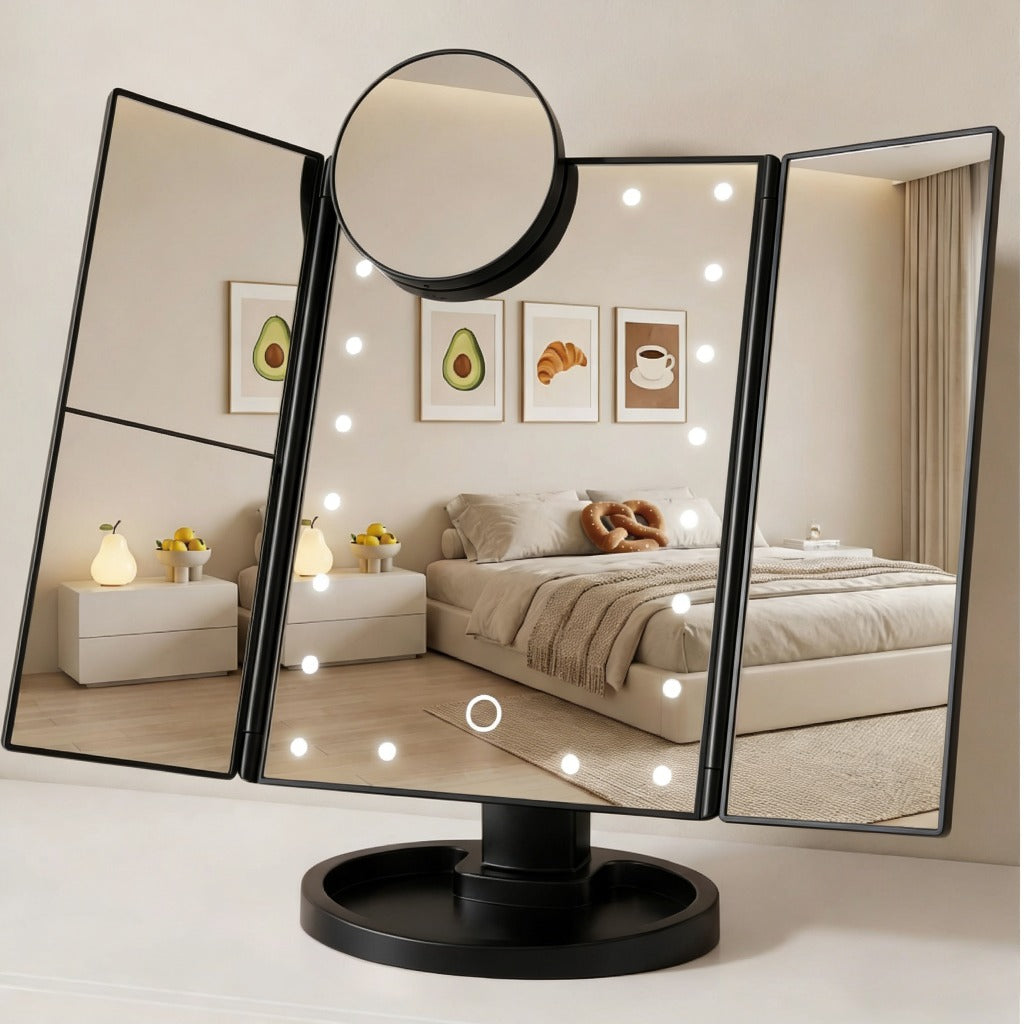 LED Vanity Makeup Mirror Tri-Fold Touch Screen, 1X 2X 3X 10X Magnification, Adjustable Base, USB Powered Lighted Mirror for Desk & Travel – White, Black & Rose Gold