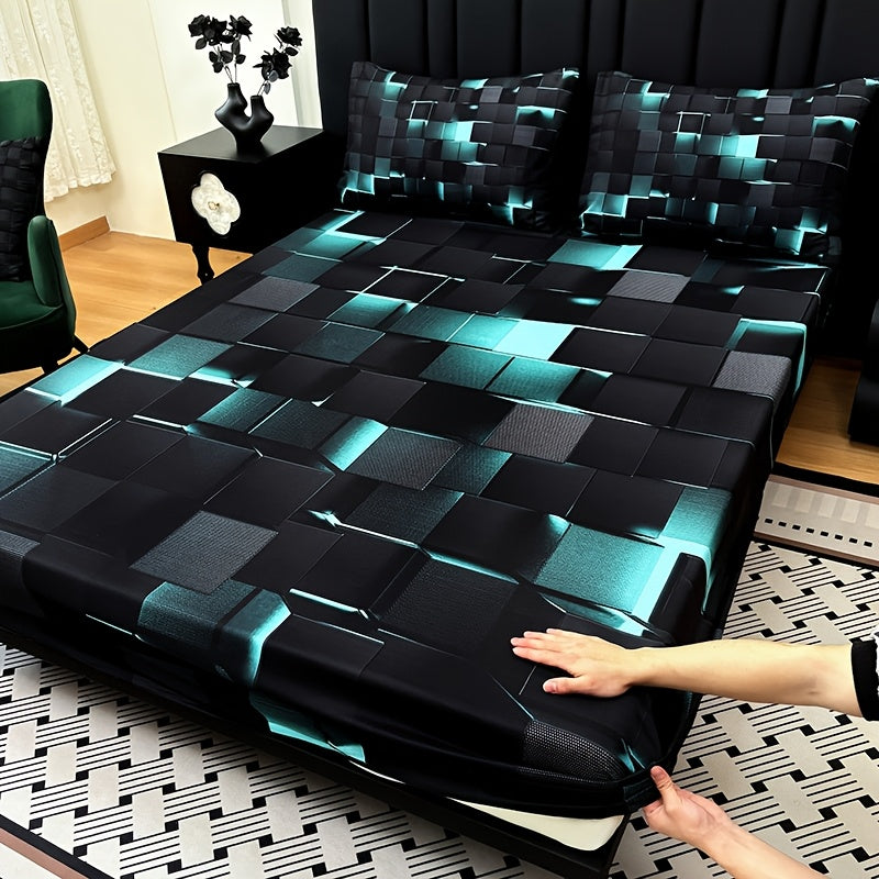 Tech Print Fitted Sheet Set 3 Piece - Digital Geometric Pattern Deep Pocket 15 Inch Bed Sheet with 2 Pillowcases Twin Full Queen King All Seasons