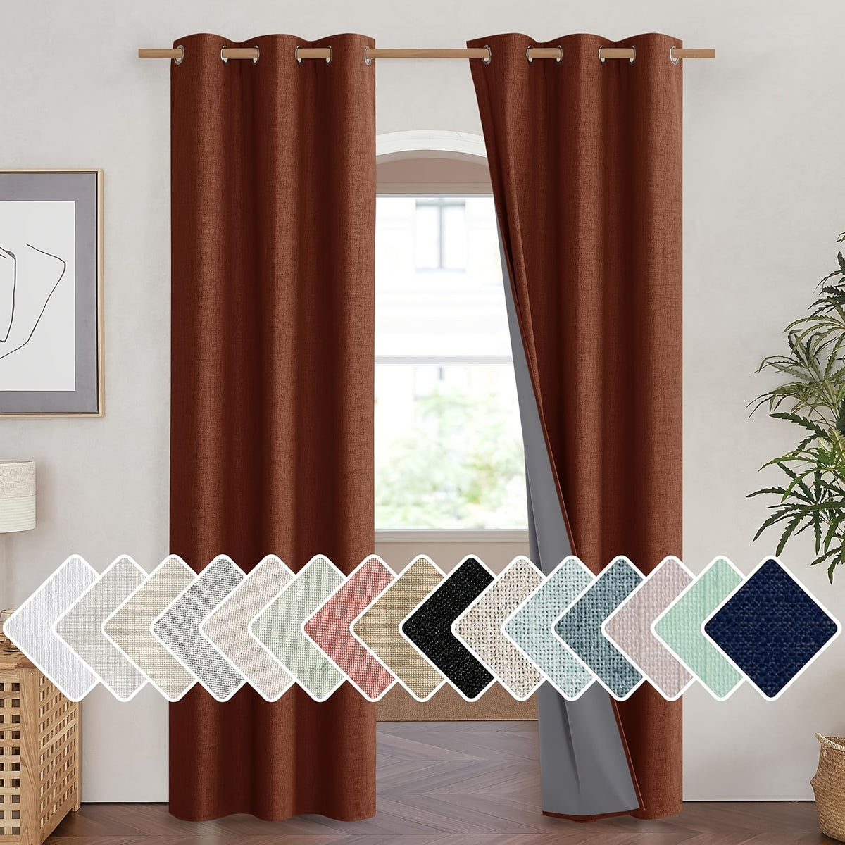Linen Blackout Curtains 2 Panels 100% Farmhouse Grommet Top – Thermal Insulated Thick Window Drapes for Living Room Bedroom, 11 Colors 6 Sizes