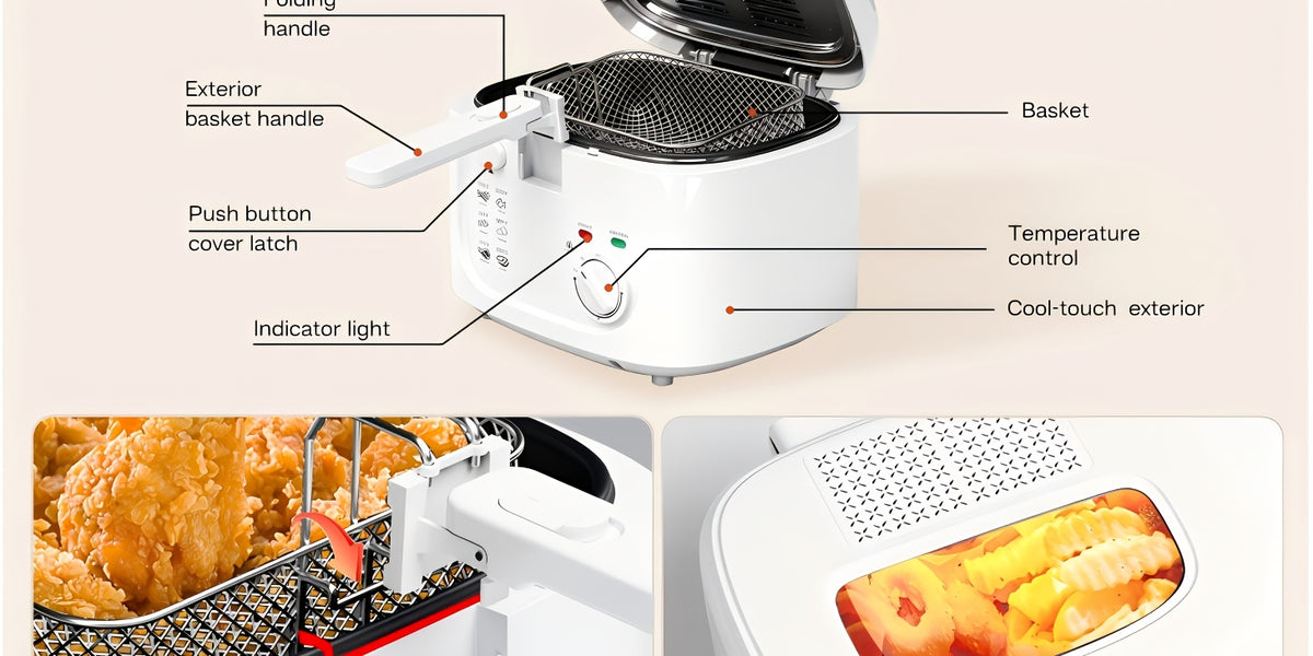 1500W Electric Deep Fryer 84.54oz – Non-Stick Basket, Adjustable Temperature Control, Viewing Window & Removable Lid | Easy Clean | Black & White