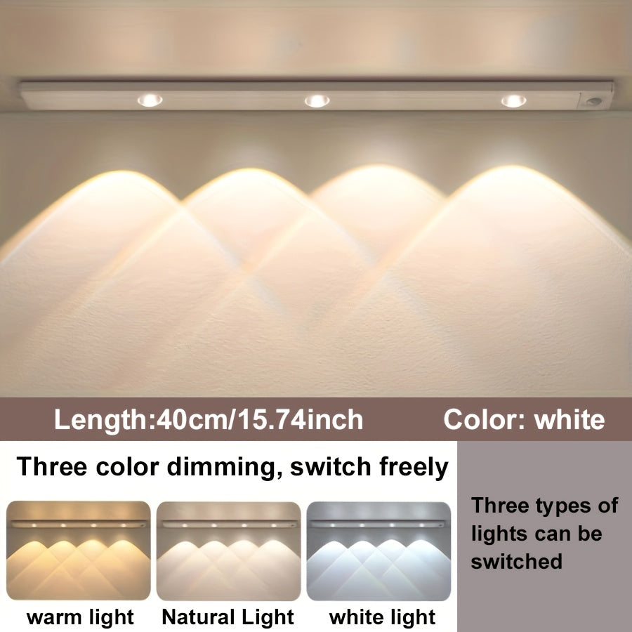 LED Motion Sensor Light Strip USB Rechargeable – Under Cabinet Wardrobe Night Light, 3 Color Modes, Self-Adhesive Magnetic Mount for Kitchen, Bedroom & Shoe Cabinet | 20/30/40cm