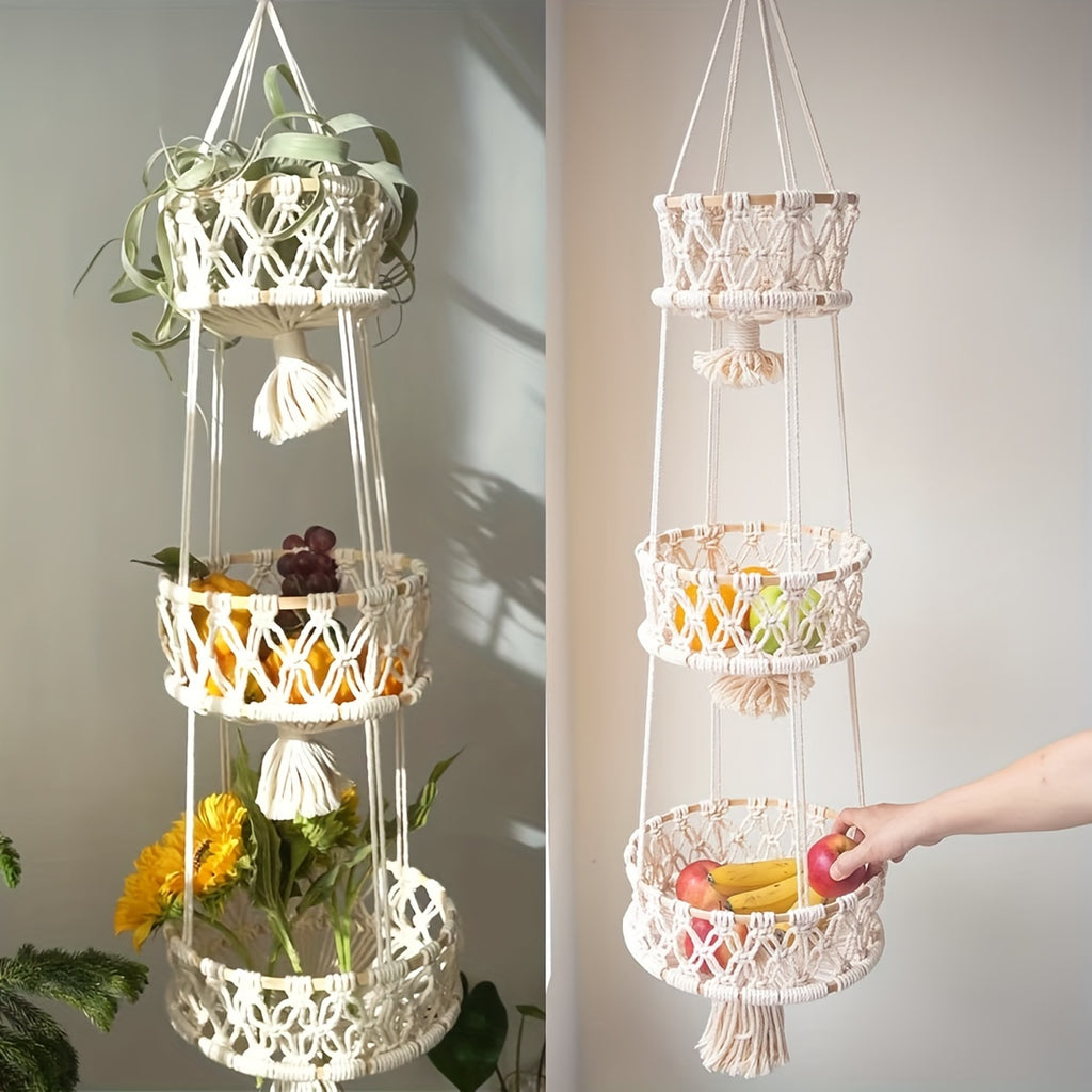 Macrame Hanging Fruit Basket 1/2/3-Tier Boho Wall Storage – Bohemian Hanging Basket for Fruits, Vegetables & Indoor Plants, Kitchen & Home Decor