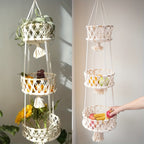 Macrame Hanging Fruit Basket 1/2/3-Tier Boho Wall Storage – Bohemian Hanging Basket for Fruits, Vegetables & Indoor Plants, Kitchen & Home Decor