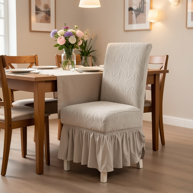 Jacquard Leaf Stretch Dining Chair Covers with Skirt 4 or 6 Pack, Universal Removable Parsons Chair Slipcovers for Dining Room Kitchen Wedding Party Banquet