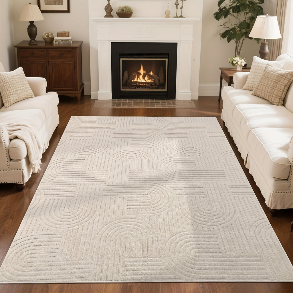 Soft Fluffy Arch Pattern Area Rug – Non-Slip Washable High-Low Pile Geometric Carpet for Living Room, Bedroom & Dining Room, Beige, Multiple Sizes