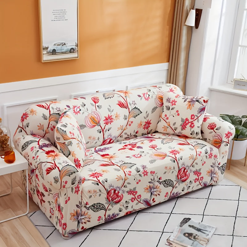 Stretch Sofa Cover Digital Print Floral – High-Stretch Polyester Non-Slip Machine Washable Telescopic Slipcover for 1 2 3 4 Seater Sofas, Contemporary Furniture Protector for Home & Office