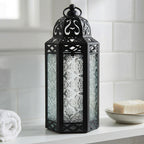 Moroccan Candle Lantern Holder Medium 10.5 Inch – Handcrafted Glass Iron Metal Lantern with Embossed Floral Panels, 17 Colors, Indoor Outdoor Use for Ramadan, Wedding, Patio, Diwali & Home Decor