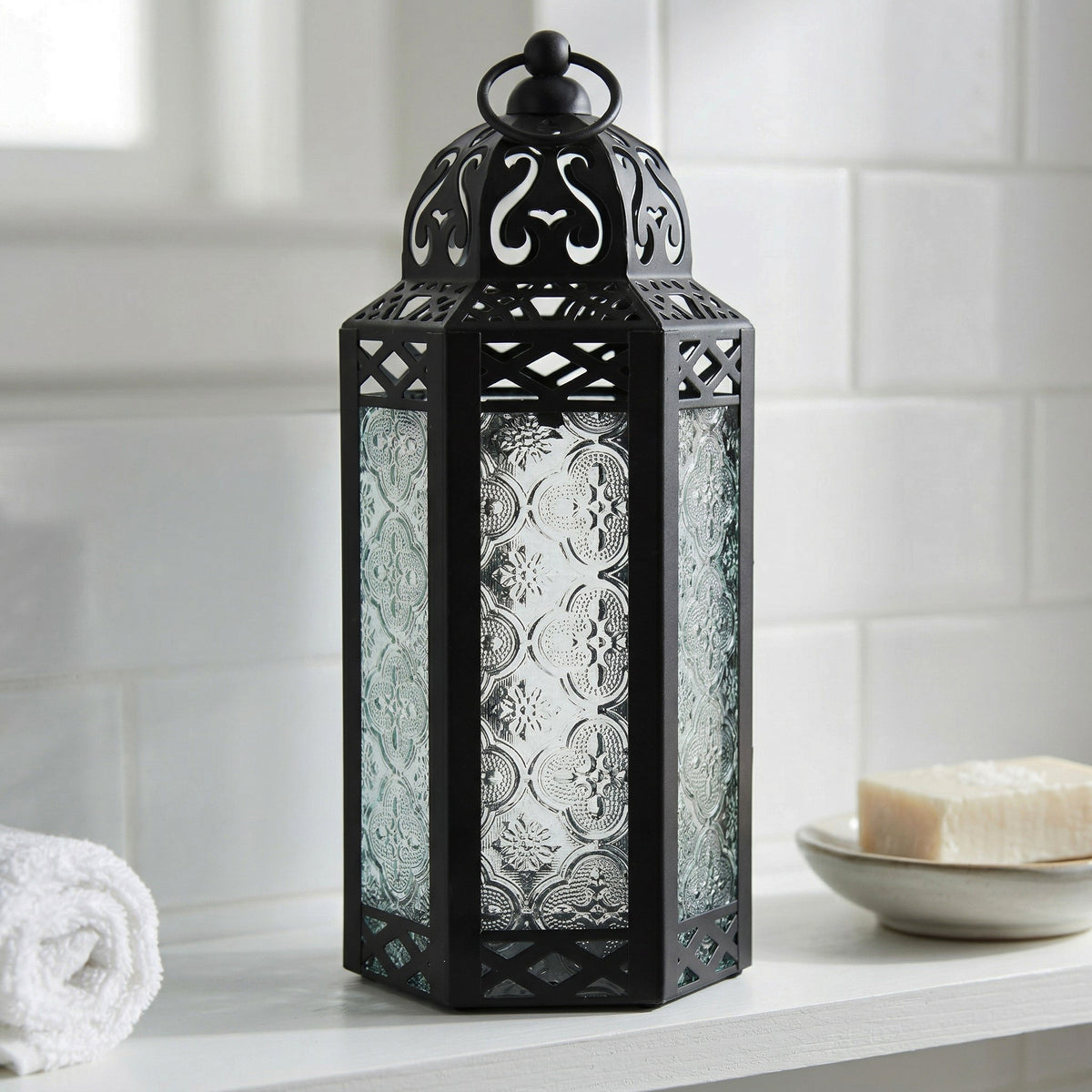 Moroccan Candle Lantern Holder Medium 10.5 Inch – Handcrafted Glass Iron Metal Lantern with Embossed Floral Panels, 17 Colors, Indoor Outdoor Use for Ramadan, Wedding, Patio, Diwali & Home Decor