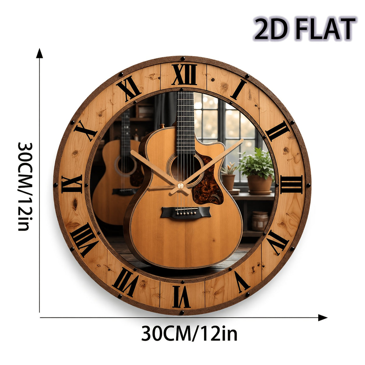 Music Themed Silent Wall Clock 12 Inch – Acoustic Guitar & Roman Numerals Dark Brown Wood Face | Battery-Powered Quartz Non-Ticking Clock for Living Room, Home Studio & Office | Unique Gift for Musicians