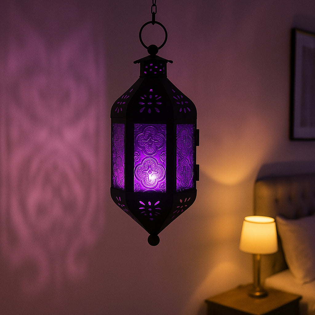 Moroccan Hanging Candle Lantern with Chain – Vintage Boho Style Iron & Glass Tealight Holder for Home, Patio, Garden, Wedding & Ramadan Decor (23.5" Overall)