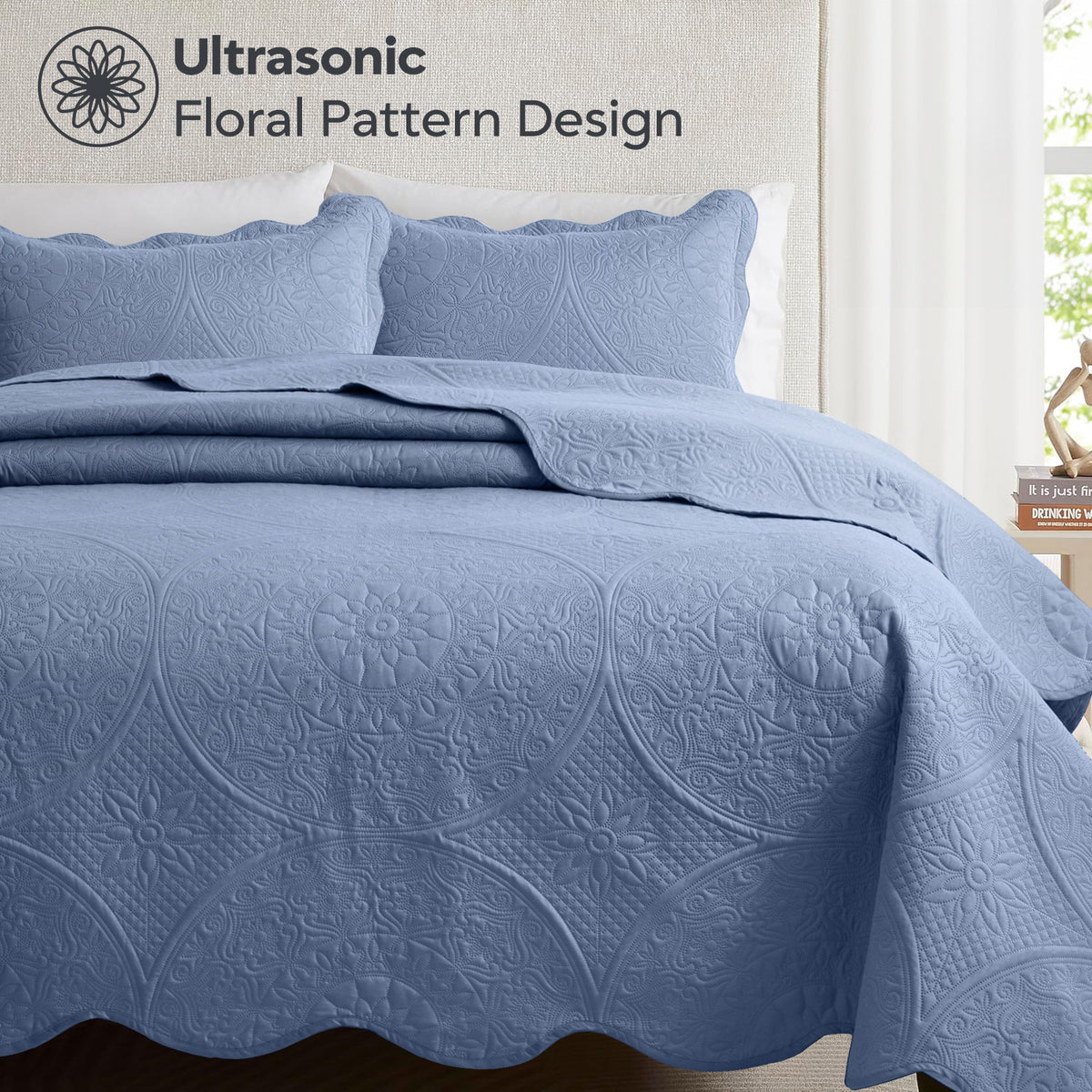 Luxury Quilted Bedspread Set 3 Piece Floral Coverlet with Pillow Shams Breathable Lightweight All Season - Twin Queen King California King 16 Colors