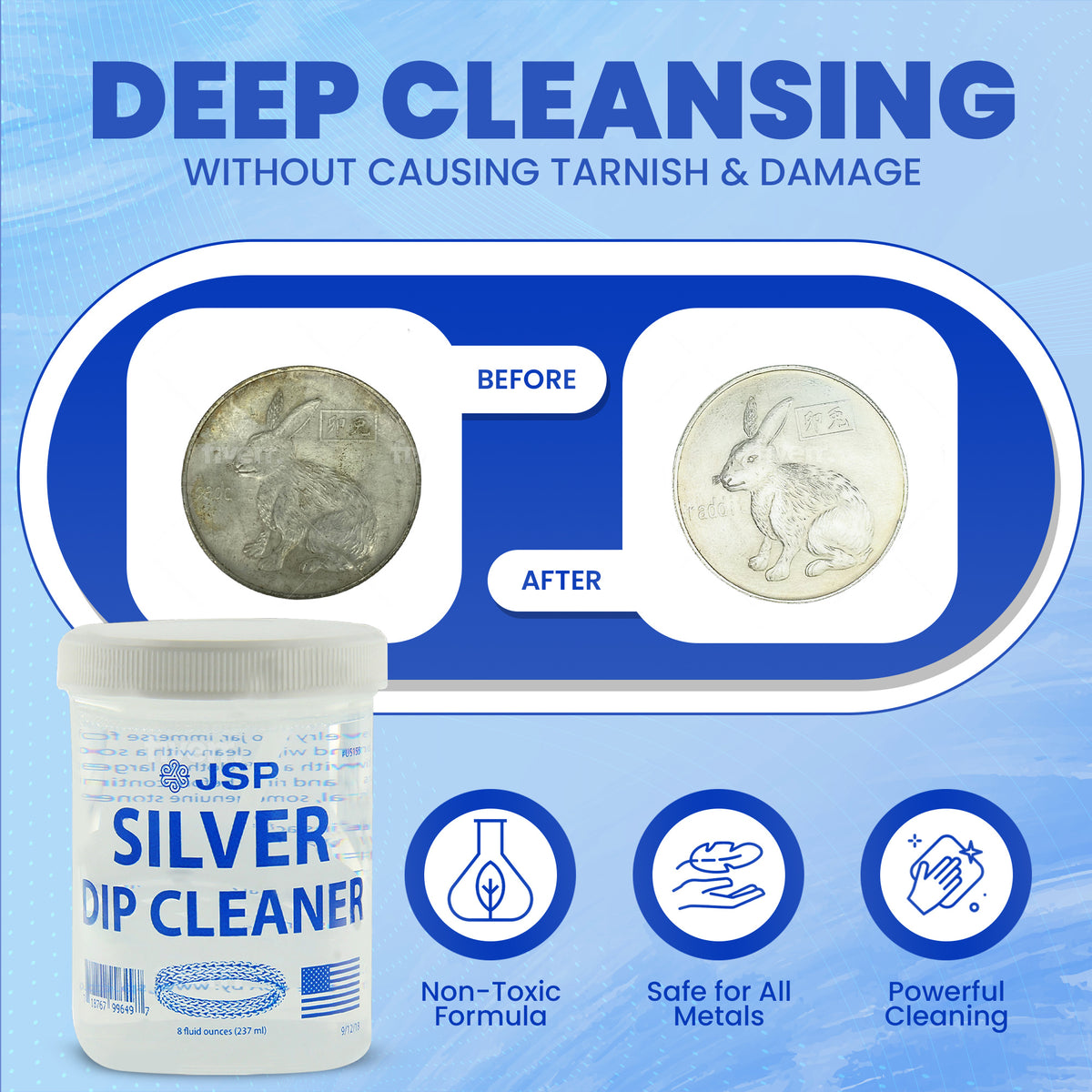 Silver Jewelry Dip Cleaner Solution 8oz – JSP Silver Dip Liquid Cleaner for Rings Bracelets Necklaces Flatware