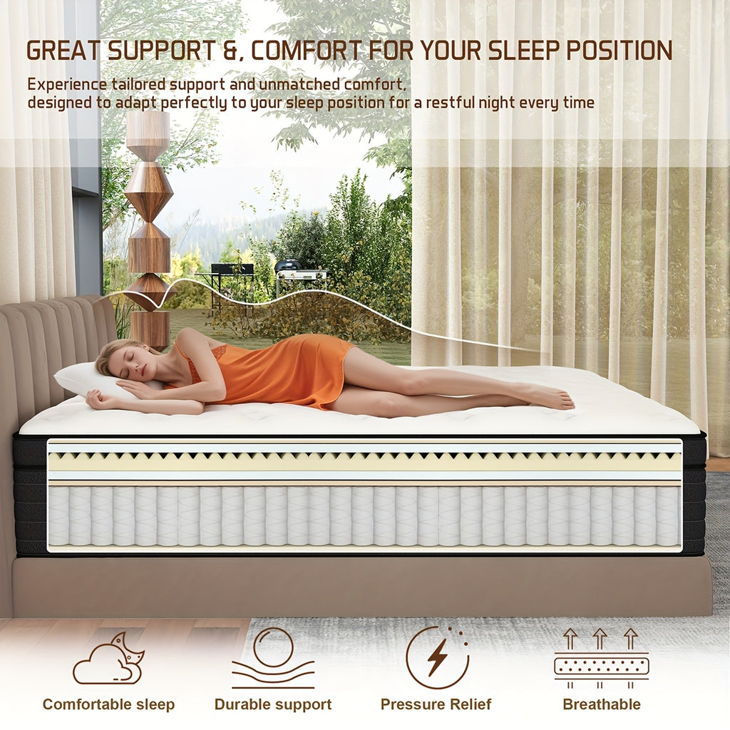 Hybrid Mattress Bed-in-a-Box | 10", 12" & 14" Pocket Spring + Memory Foam, Spinal Support, Fire-Resistant – Twin, Full, Queen, King