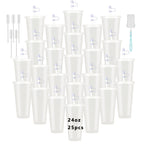25-Pack Reusable Party Cups 24oz with Lids, Straws & Dust Plugs – Large Plastic Tumblers for Iced Coffee Smoothies Cold Drinks, Includes Cleaning Brush, Multiple Colors