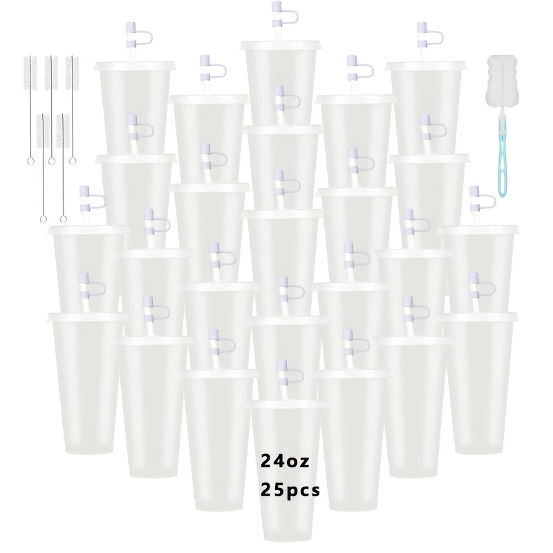 25-Pack Reusable Party Cups 24oz with Lids, Straws & Dust Plugs – Large Plastic Tumblers for Iced Coffee Smoothies Cold Drinks, Includes Cleaning Brush, Multiple Colors