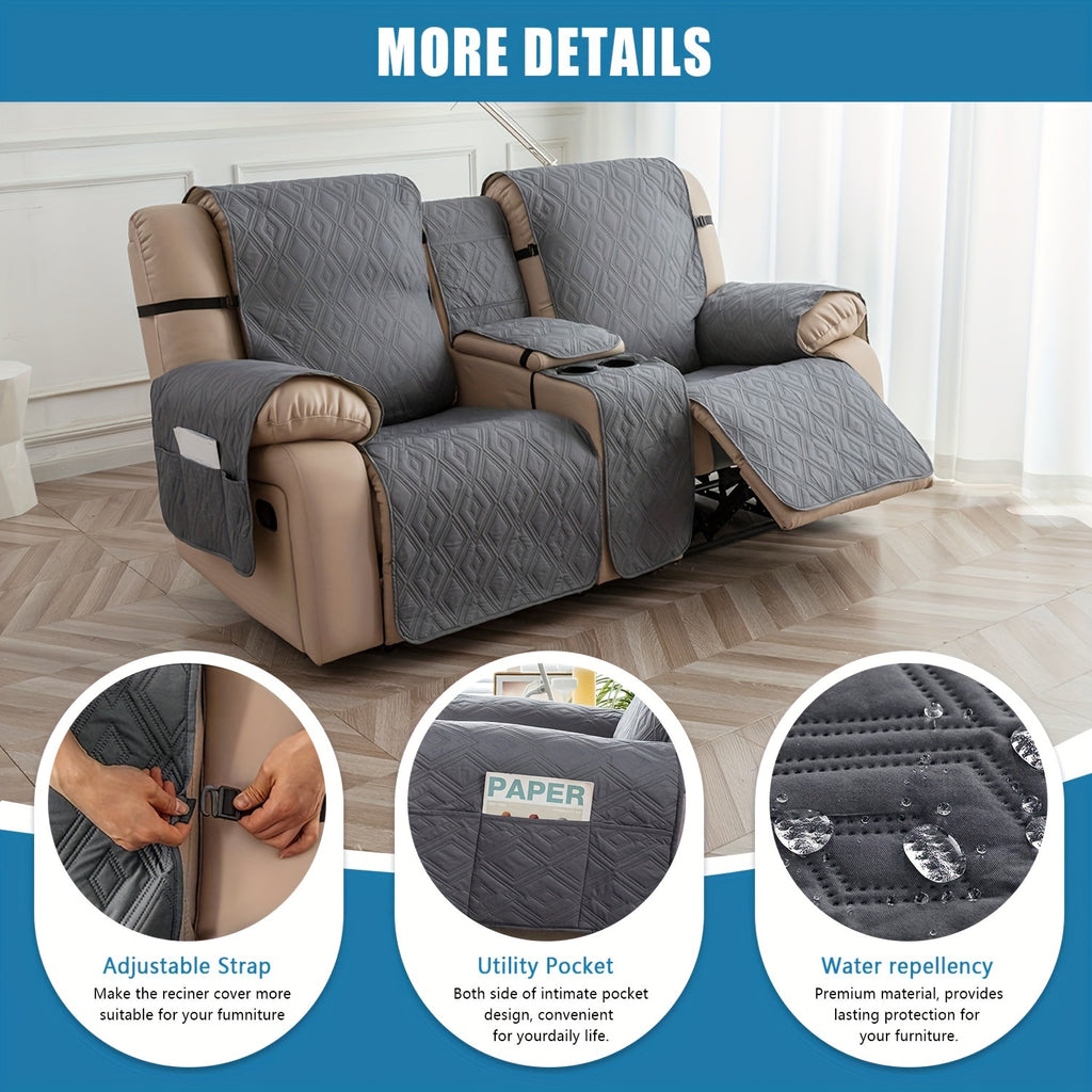 Loveseat Recliner Cover with Center Console – 4-Piece Set 100% Waterproof Dual Recliner Slipcover with Straps, Split Reclining Sofa Protector for Pets & Kids, Living Room Furniture Cover