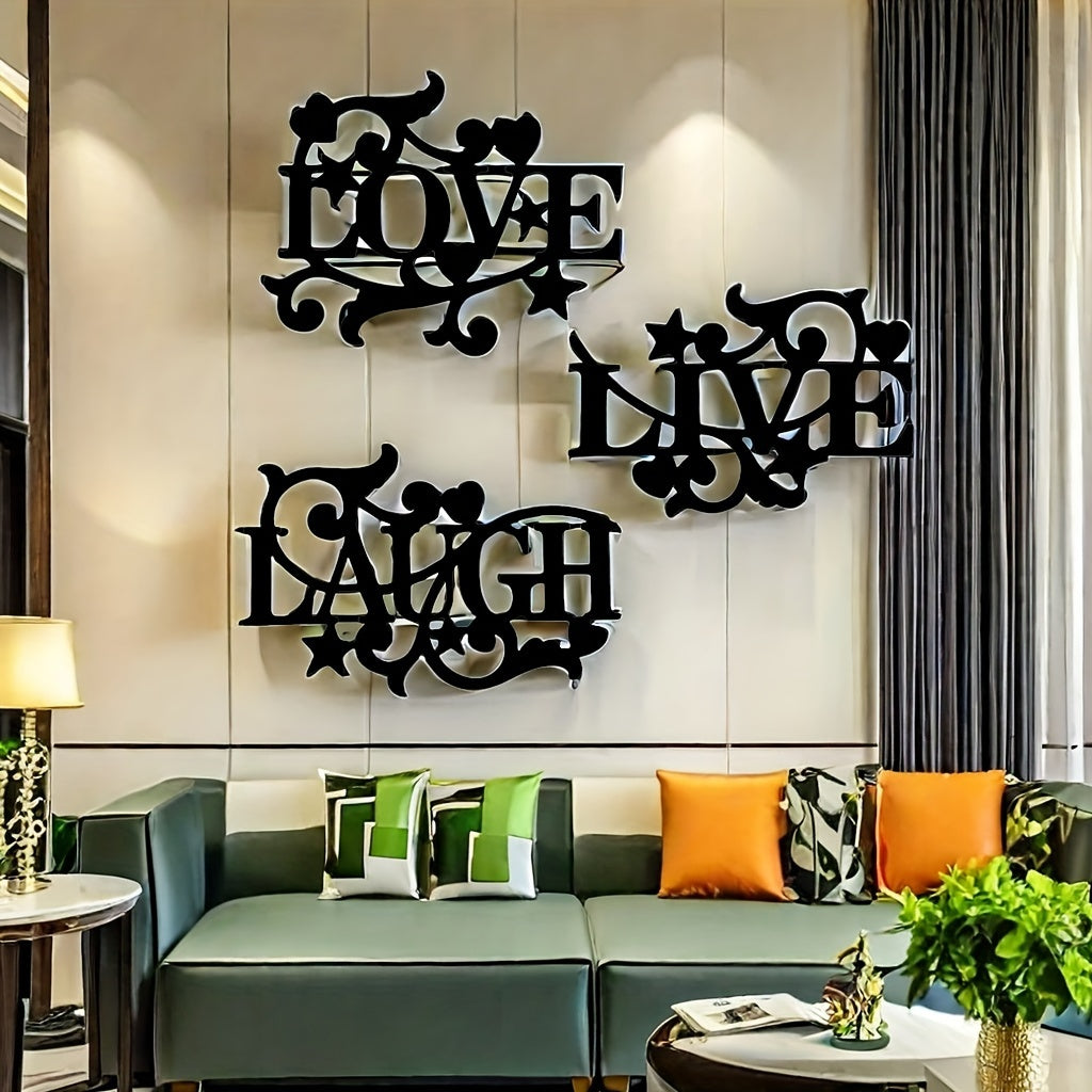 Black Metal Wall Art Love Life Laughter 3 Piece Letter Sign Silhouette Wall Decor for Living Room Bedroom Kitchen Modern Home Decoration