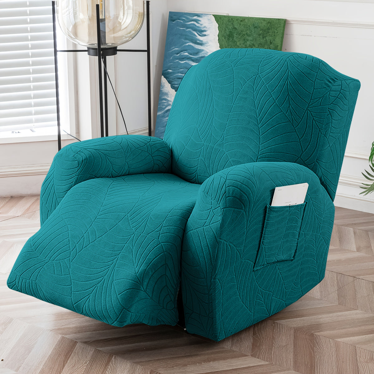 Jacquard Leaf Recliner Chair Cover 4-Piece Stretch Slipcover with Storage Pocket | Furniture Protector for Living Room Recliner, 6 Colors — Dark Gray Beige Wine Red Light Grey Chocolate Light Blue