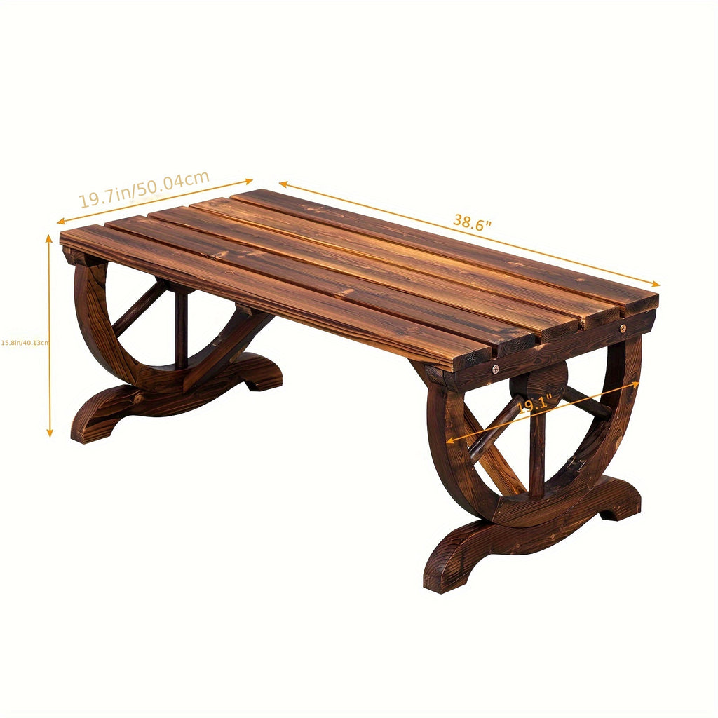 Rustic Hardwood Garden Bench 2-Person Wagon Wheel Design – Heavy-Duty Wide Seat & Curved Backrest Outdoor Patio Bench for Porch & Backyard