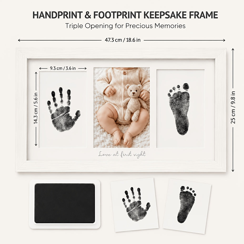 Triptych Photo Frame 8x16 Inch – Horizontal 3-Panel Picture Frame with Text & Footprint/Handprint Panel, Desktop or Wall Display, Black & White Wood Grain, Heartfelt Gift for Moms