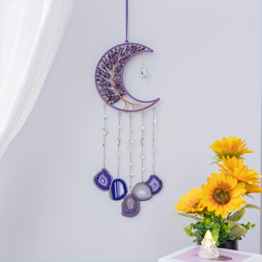 Amethyst Crystal Tree of Life Wall Hanging – Boho Crushed Stone Silk Moon Decor for Living Room, Bedroom & Nursery