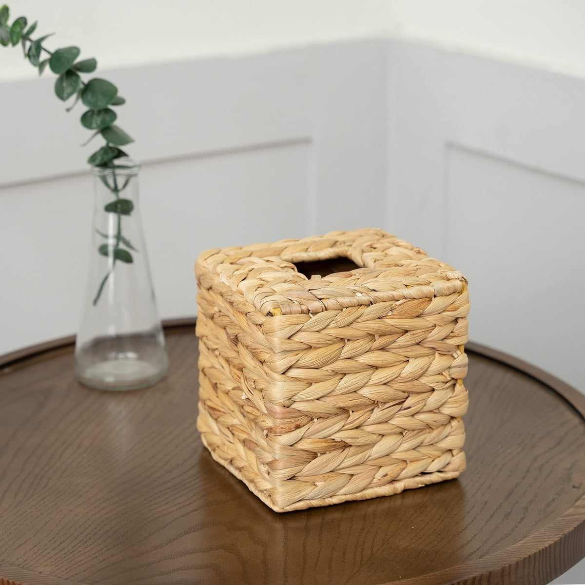 Boho Wicker Tissue Box Cover Square | Water Hyacinth Decorative Woven Facial Tissue Holder for Table, Bathroom & Vanity | Art Deco Style | Yellow