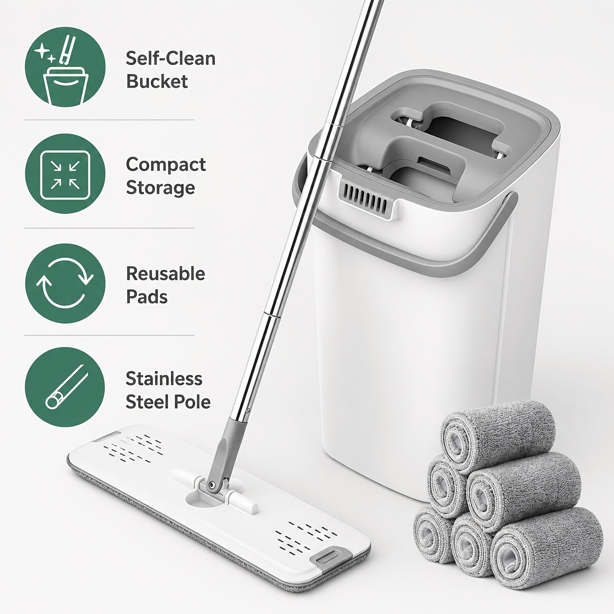 Flat Mop and Bucket Set Self-Cleaning – 6 Washable Microfiber Pads, Hands-Free Wringing Wet Dry Floor Mop for Hardwood, Tile & Laminate