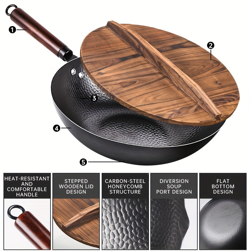 Carbon Steel Wok with 11-Piece Cookware Accessories 12.6 Inch Chinese Stir-Fry Pan Flat Bottom Induction Electric Gas Halogen All Stoves
