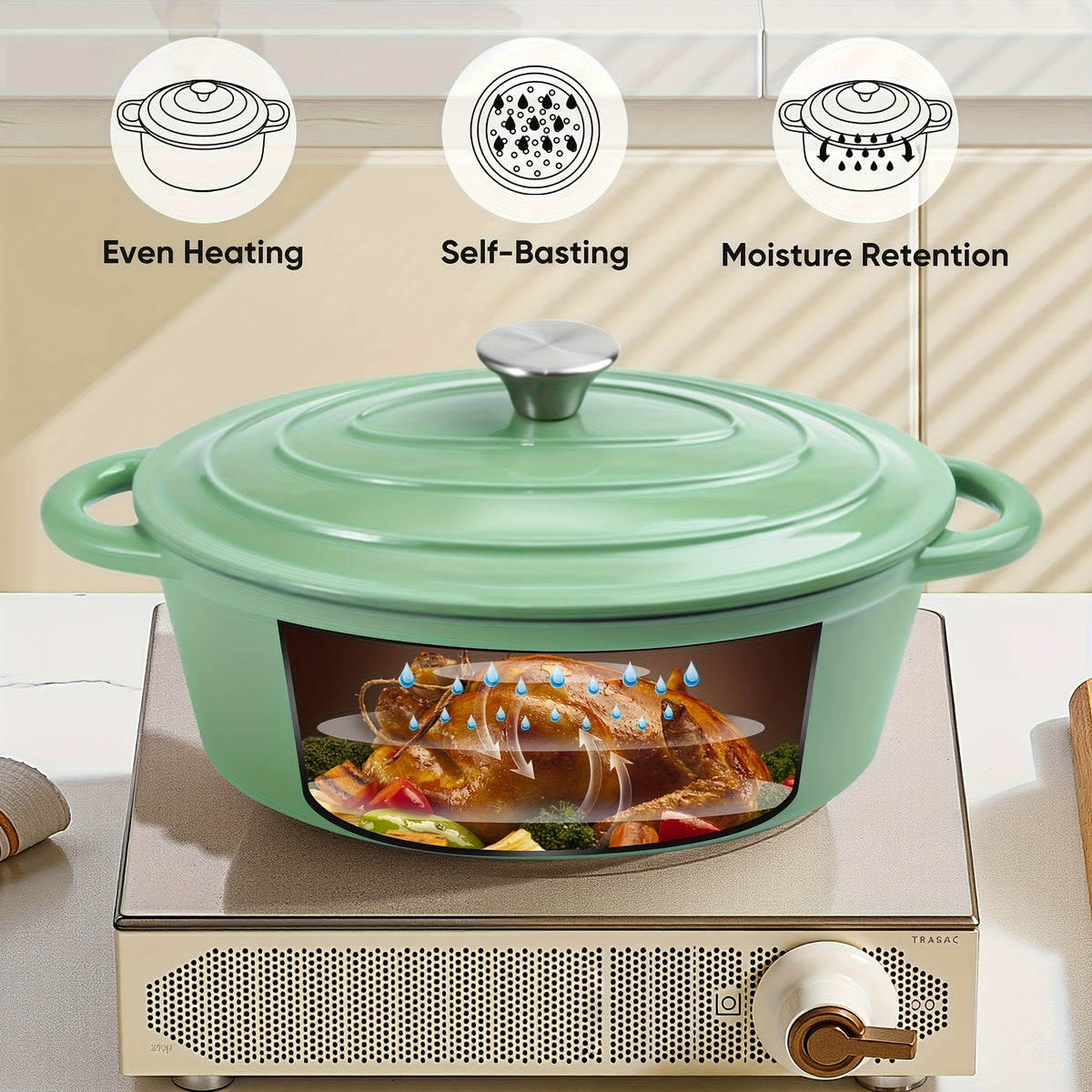 4.5 Qt Cast Iron Dutch Oven with Enamel Coating – Oval Casserole Pot with Lid for Bread Baking, Slow Cooking & Roasting, Works on All Stovetops