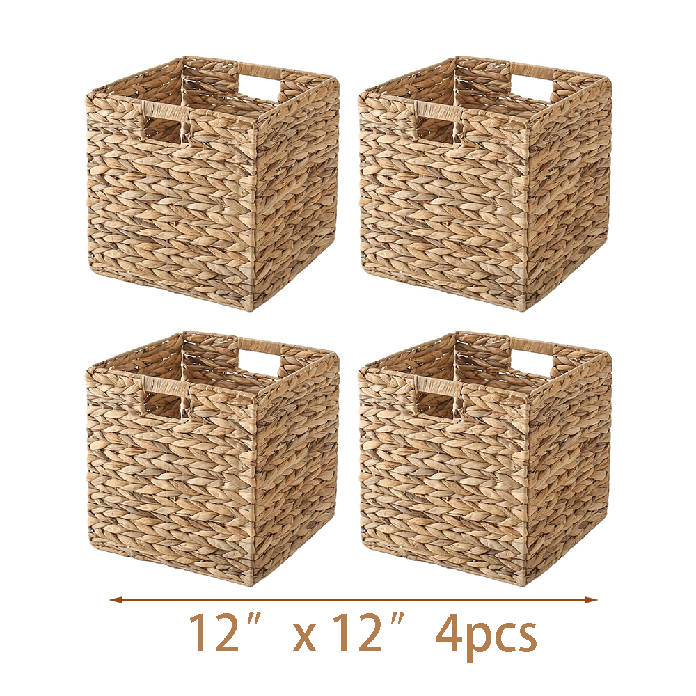 Water Hyacinth Wicker Storage Basket Set 2 or 4 Pack Square Woven Rattan Baskets for Shelves Towels Magazines Kitchen Organization Natural Boho Shelf Bin