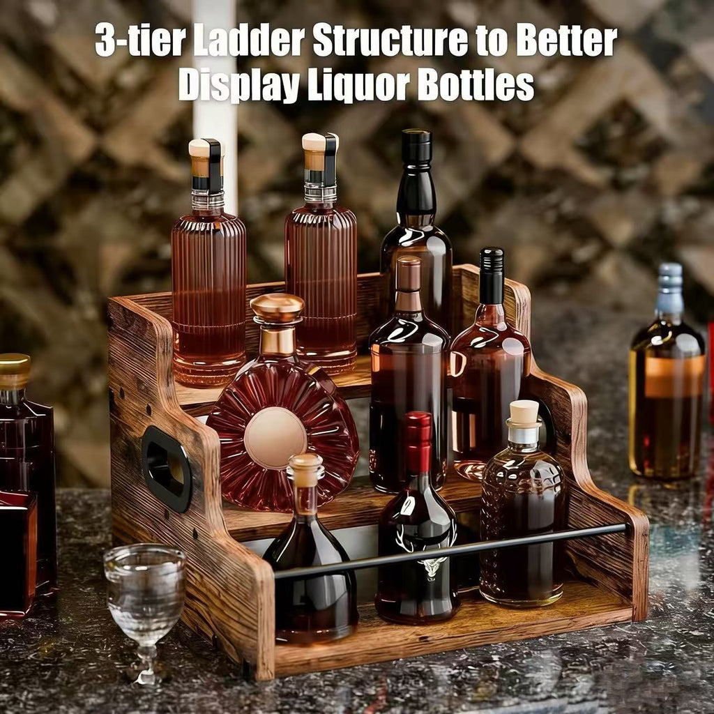 3-Step Solid Wood Liquor Bottle Display Shelf Countertop Wine Rack Bar Organizer for Whiskey Spirits Coffee Syrup Spice Bottles Home Bar Kitchen