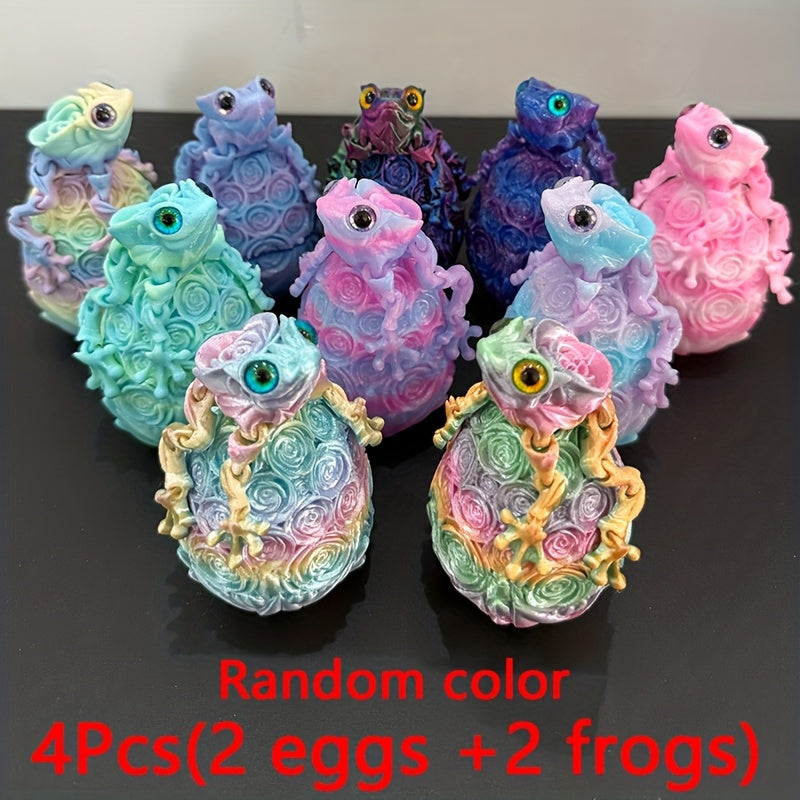 3D Printed Rose Frog & Rose Egg Statue Ornaments Set of 4 – Multicolor Desktop Decoration Figurines for Home Office Party Car Display, Unique Gift for Friends & Family, Random Color