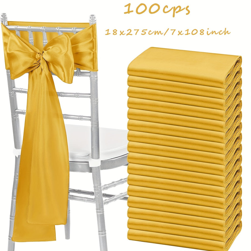 Satin Chair Bow Ribbons 100-Pack – 7×108 Inch Universal Streamer for Wedding Reception Banquet Party Hotel Christmas Decor, 15 Colors