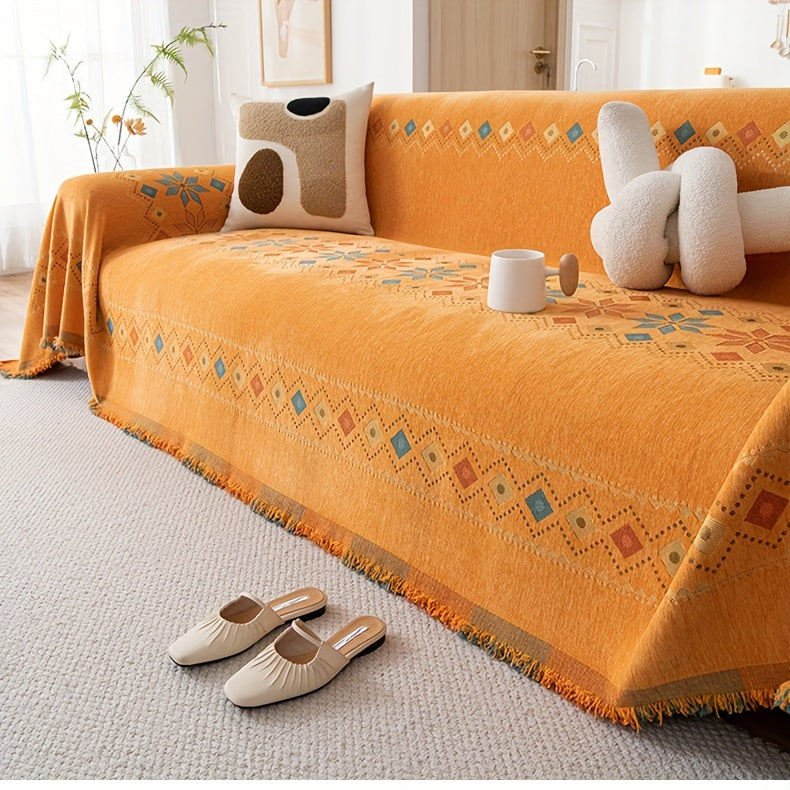 Chenille Boho Sofa Cover with Embroidered Detail – Machine Washable Slipcover for 1 2 3 4 Seater Sectional Couches, Extra Large Sizes, No Padding, 4 Colors
