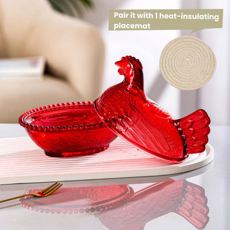 Chicken Shaped Crystal Glass Storage Jar with Lid & Placemat – Candy Colored Decorative Dish for Candy, Snacks, Jewelry & Desktop Decor