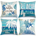 Ocean Beach Pillow Covers 4-Piece Set 18 Inch – Coastal Marine Life Shells Starfish Seahorse Turtle Decorative Pillowcases, Summer Beach Outdoor Cushion Covers for Home Decor