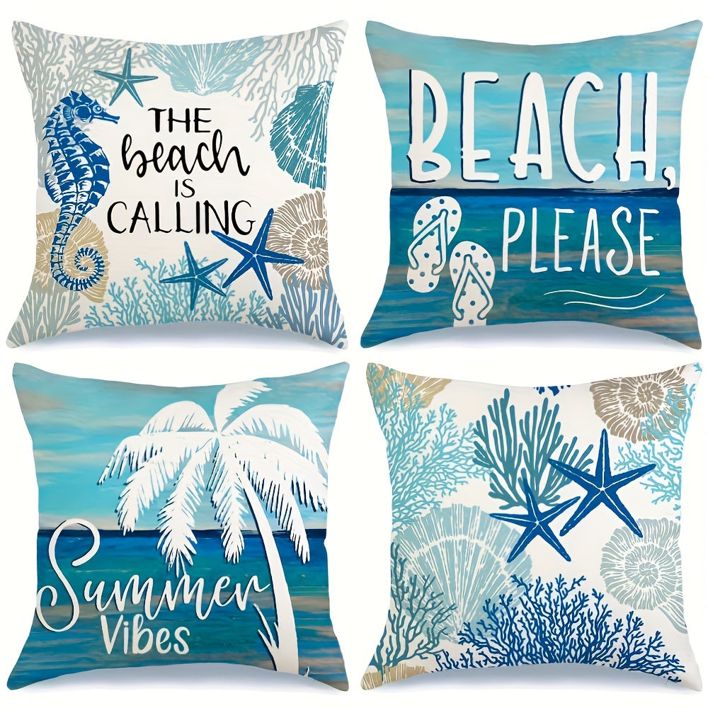 Ocean Beach Pillow Covers 4-Piece Set 18 Inch – Coastal Marine Life Shells Starfish Seahorse Turtle Decorative Pillowcases, Summer Beach Outdoor Cushion Covers for Home Decor