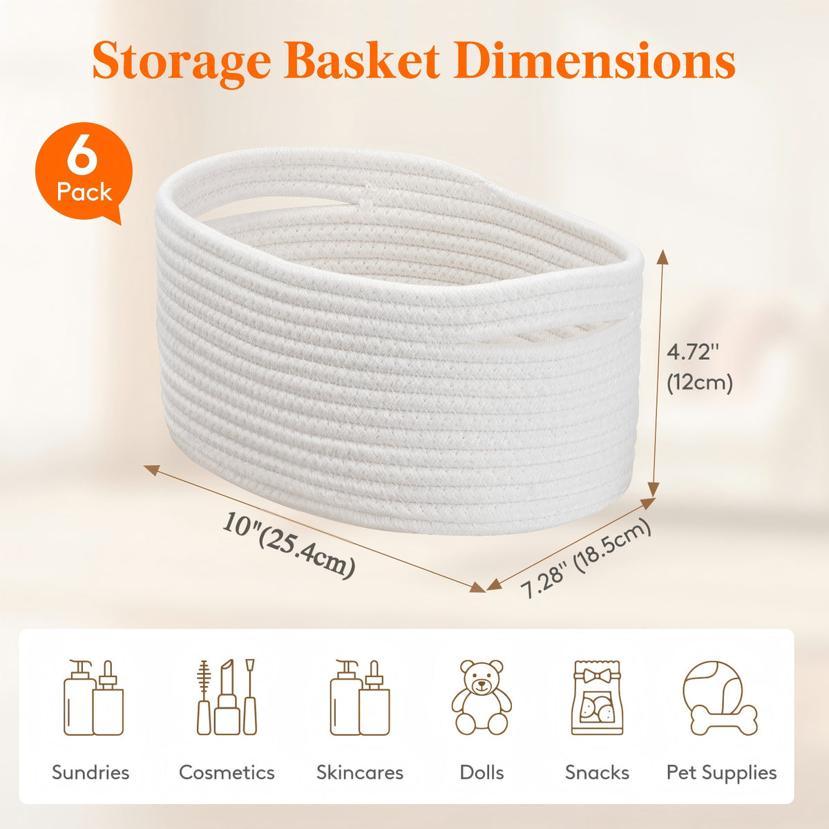 Woven Storage Baskets Set of 6 – Cotton Rope Round Shelf Baskets Bins for Organizing Closet Living Room Bedroom Playroom, Cute Small Decorative Cube Storage Caddy, Multiple Colors Available