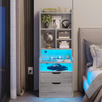 Tall Nightstand with LED Lights & Charging Station | 2 Drawers, Bookshelf & Storage Shelves, 50" Bedside End Table – Gray & Black